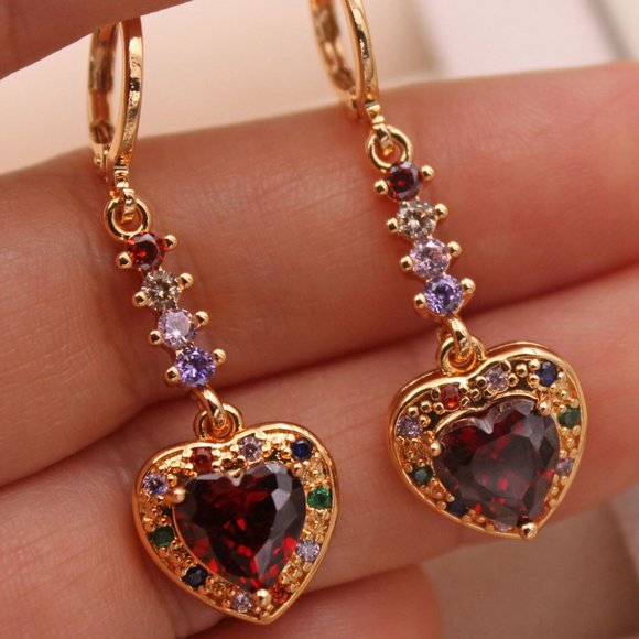 18K Yellow Gold Filled Luxury Garnet Red Heart Diamond Zircon Dangle Earrings - Picture 6 of 8